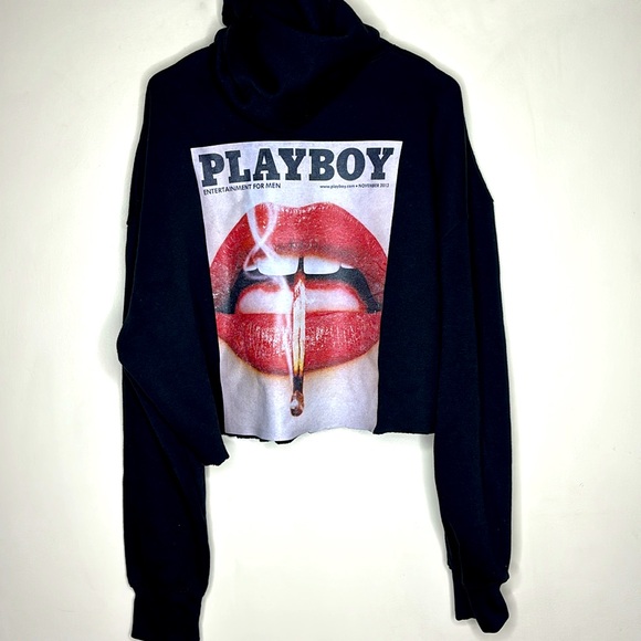 Playboy Missguided | Black Playboy Hoodie | Red Lips Smoking Cigarette | Crop - Picture 1 of 8